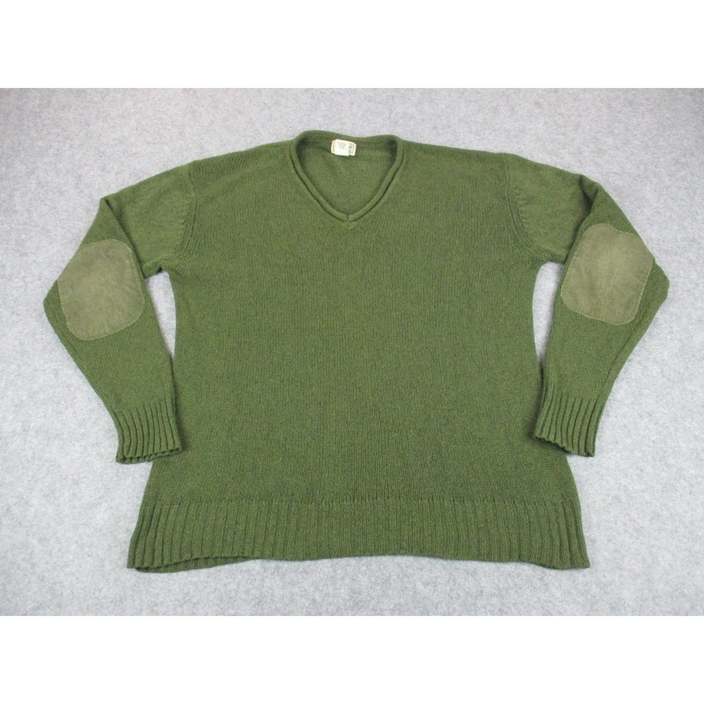 LL Bean Sweater Mens Large Green Fisherman V Neck Cashmere Wool Elbow Patches